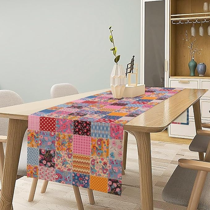 Patchwork Floral Table Runner, Patch Boho Flowers Country Wildflowers Rustic - Image 3