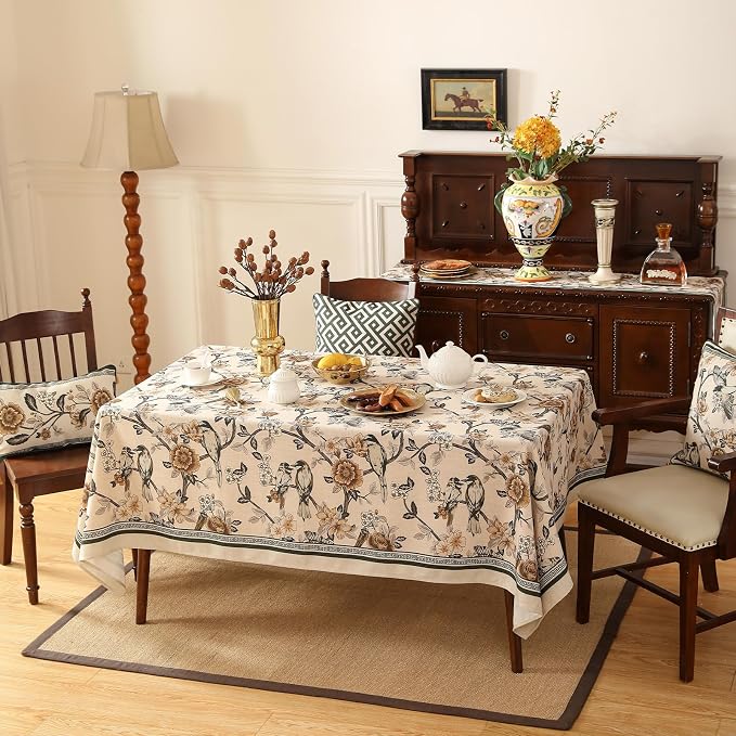 ISAENNE Designer Vintage Linen Extra Long Tablecloth Rectangle, Floral and Bird - Image 8