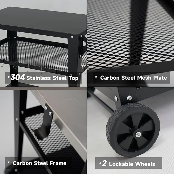 Black Outdoor Grill Cart with Wheels, Heavy-Duty 3-Tier BBQ Prep Table - Image 4