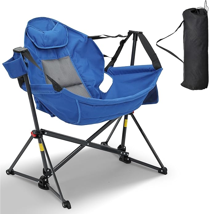 Camping Chair, Foldable Rocker with Memory Foam Cushion, 400 lb Capacity, Blue