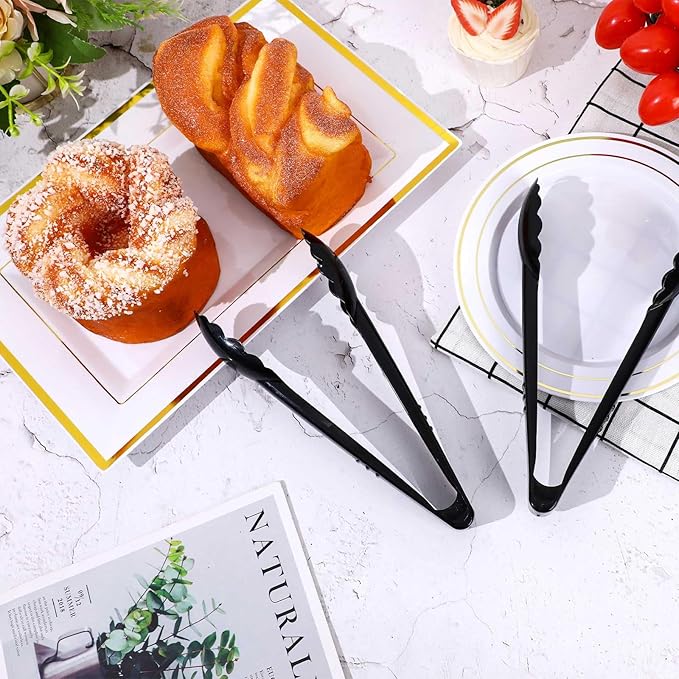 Serving Tongs, 12-Pack Black Plastic, 8.6-Inch Length