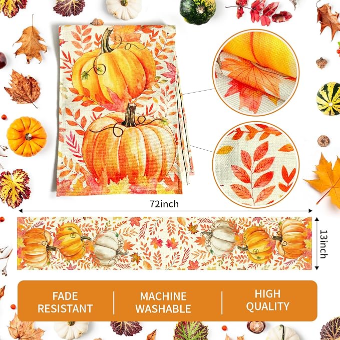 Pumpkin Fall Table Runner, Maple Leaf Autumn Thanksgiving Kitchen Table - Image 5