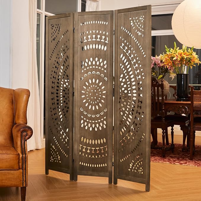 Room Divider Wood Carved Wall Divider Indoor Folding Bohemian Style Portable - Image 2