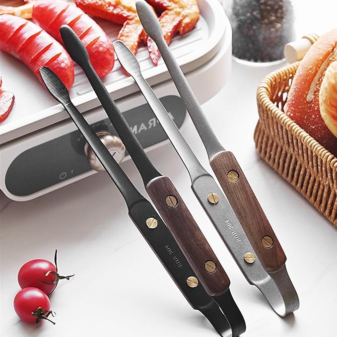 Tongs, 9.5-Inch Stainless Steel Cooking Tongs with Wooden Handle