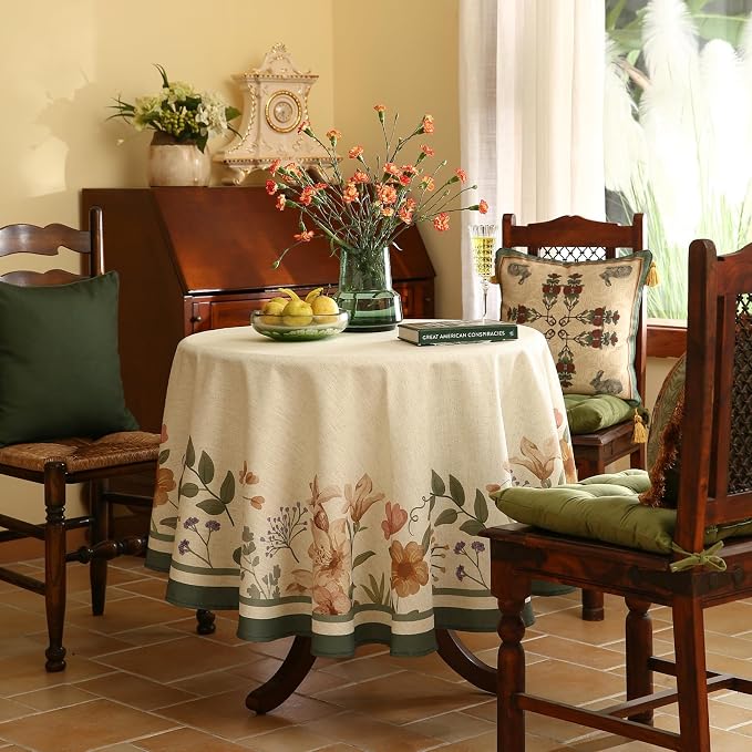 Designer Vintage French Small Round Tablecloth, Linen Shabby Chic Floral - Image 9