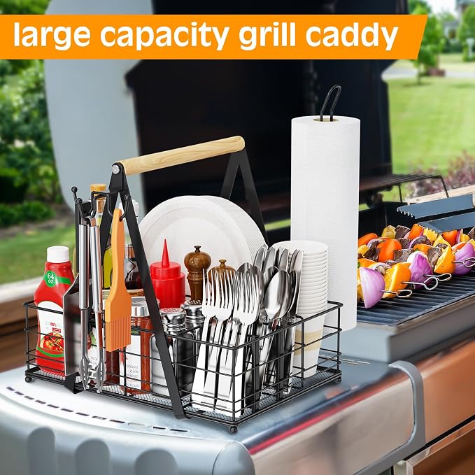 Grill Caddy with Paper Towel Holder, Picnic BBQ Condiment Utensil Organizer - Image 2