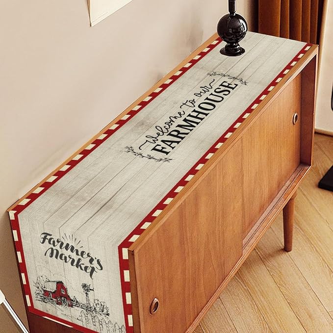 Farmhouse Table Runner, Rustic Country Barn Cottage Rooster Check Animal Plank - Image 3