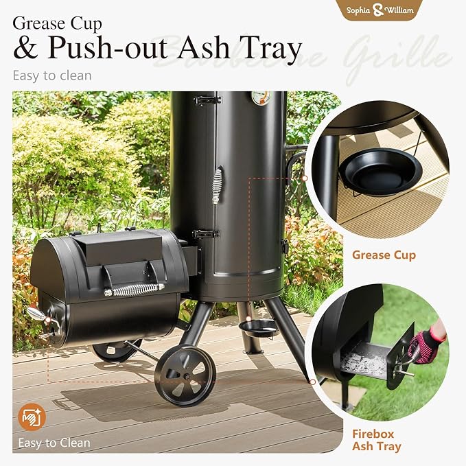Sophia & William Heavy-Duty Vertical Offset Charcoal Smoker Extra Large Outdoor - Image 4