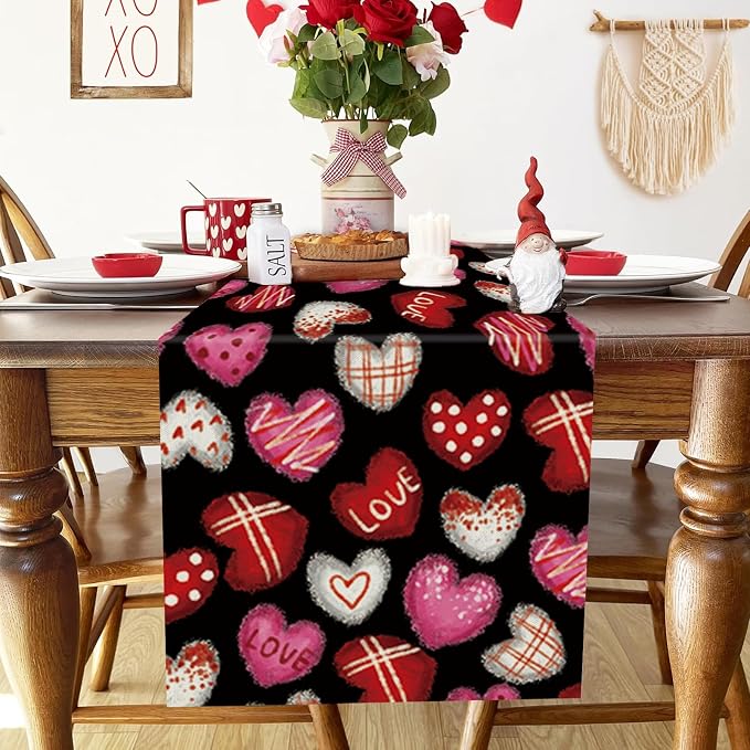 Valentines Day Decorations Table Runner Love Hearts Black Kitchen Dining Table - Image 3