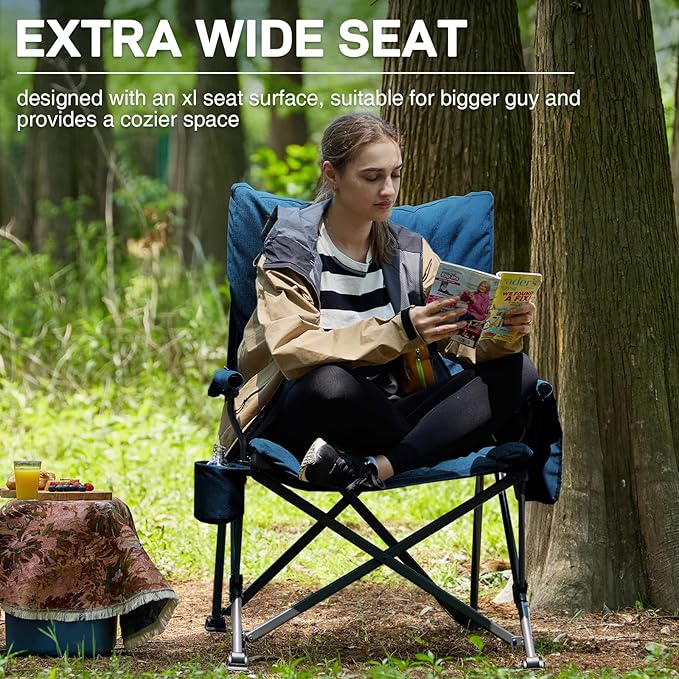 Folding Camping Chair, Oversized Padded Steel Frame, Blue