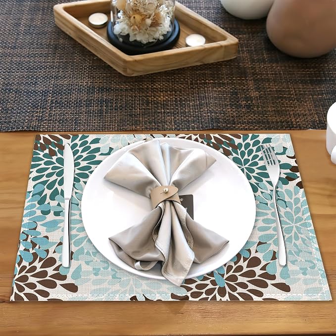 Blue Gray Dahlia Placemats Set of 6, Geometric Flowers Heat Resistant Table - Image 5