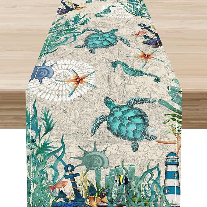 Sea Turtle Table Runner, Summer Coastal Starfish Seahorse Seashells Coastal by Unknown