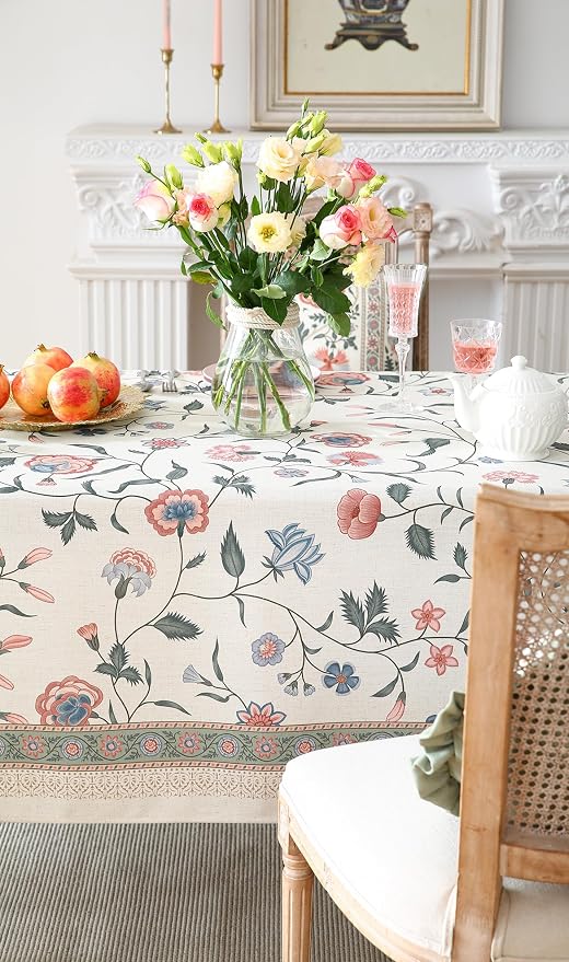 ISAENNE Designer Chinoiserie Linen Floral Small Rectangular Tablecloth - Image 4