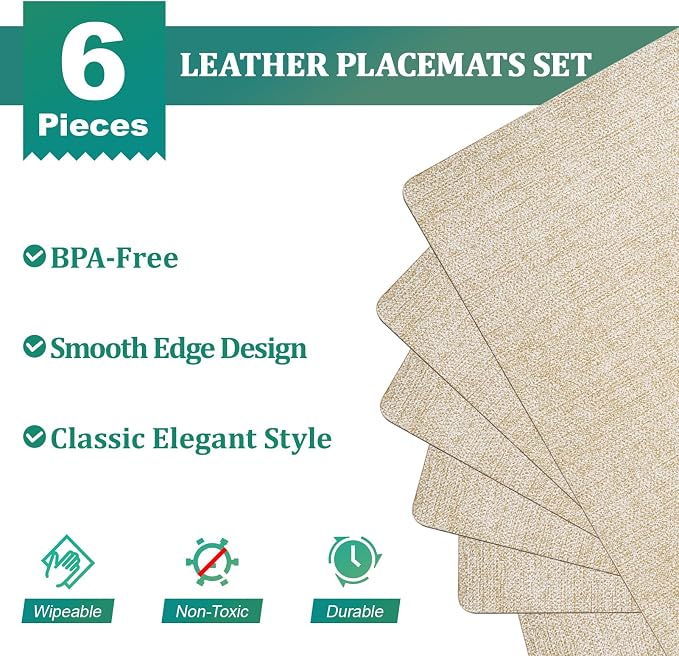 FOCUSLINE Faux Leather Placemats Set of 6, Waterproof and Non-Slip Dining Table - Image 3