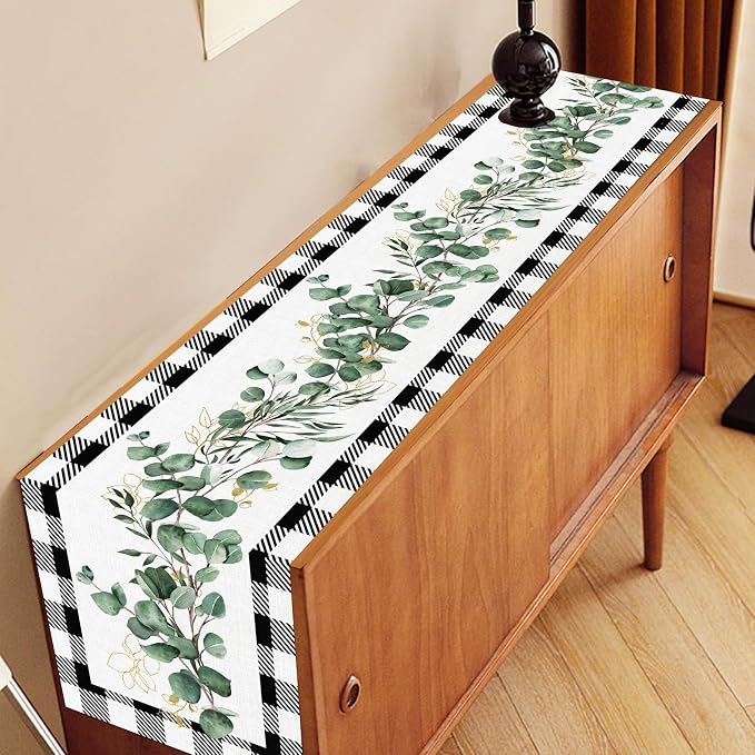 Green Eucalyptus Table Runner, Farmhouse Spring Plants Leaves Checkered Baffalo - Image 3