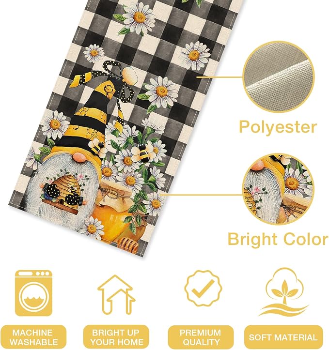 Seliem Spring Bee Gnome Table Runner, Honey Black White Buffalo Plaid Check - Image 2