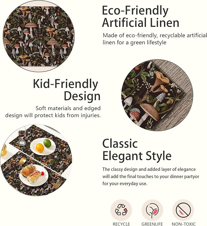 Fantasy Mushroom Forest Placemats Set of 6, Insect Berry Linen Washable Kitchen - Image 3