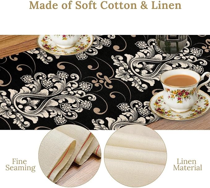 Goth Table Runner, Antique Gothic Damask Pattern Baroque Style Black Floral - Image 6