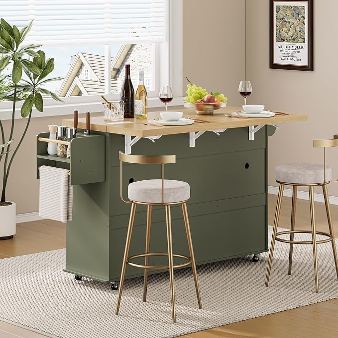 60" Kitchen Island with Power Outlet & Drop Leaf, Kitchen Rolling Island with - Image 7