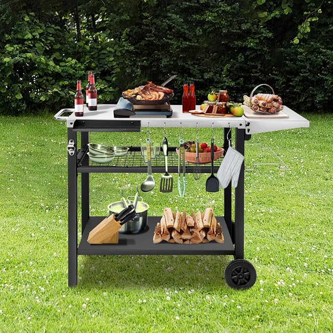 EDOSTORY Outdoor Grill Cart Pizza Oven Stand, Three-Shelf Stainless Steel Food - Image 2