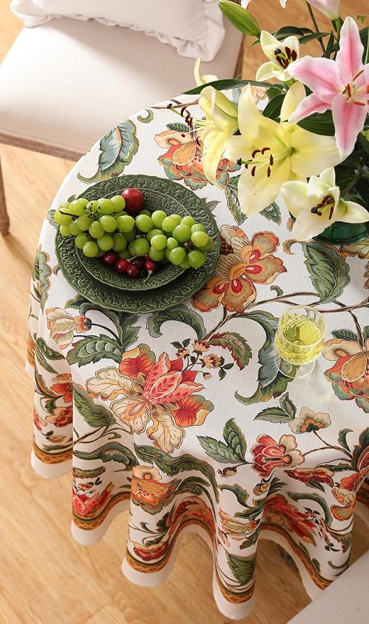 patdrea Designer Vintage Linen Round Tablecloth, Provencal Rustic Floral - Image 5
