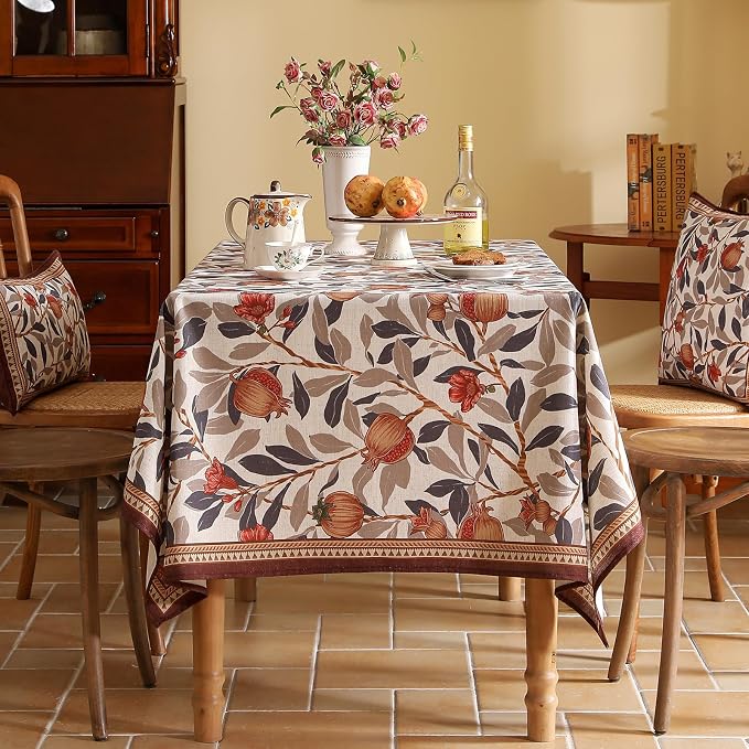 patdrea Designer Vintage Rectangle Tablecloth, Linen Pomegranates and Leaves - Image 3