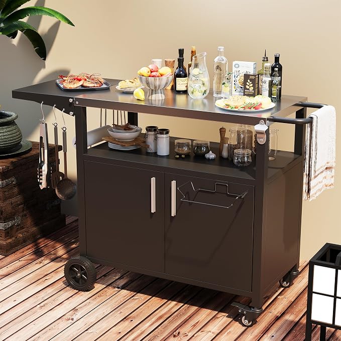 Vongrasig Grill Cart with Storage, Outdoor Bar Cart Rolling BBQ Movable Pizza - Image 3