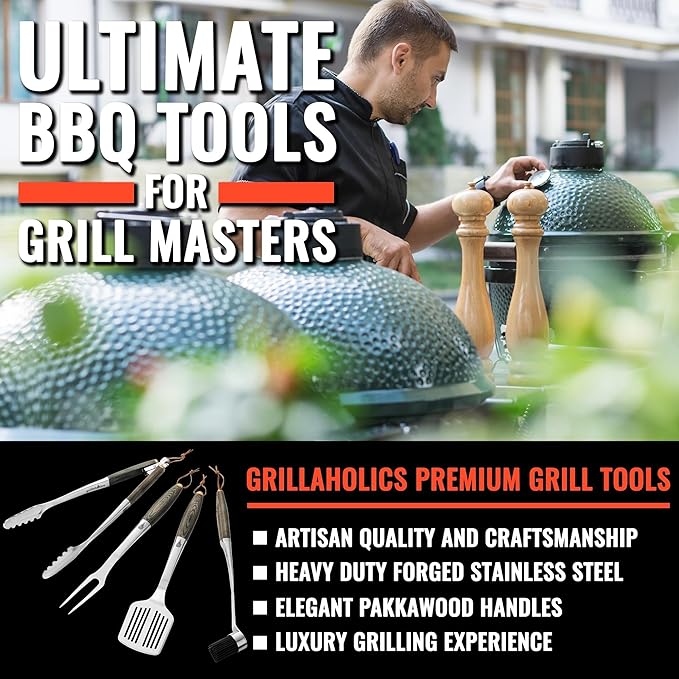 Barbecue Tool Set, 4-Piece Stainless Steel with Pakkawood Handles