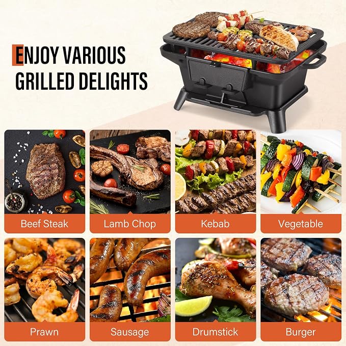 Hibachi Grill Outdoor, Portable Mini Charcoal Grill, Pre-Seasoned Cast Iron - Image 7