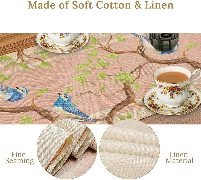 Watercolor Birds Table Runner, Spring Blue Bird Green Tree Table Runner - Image 7