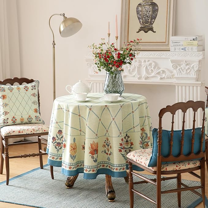 ISAENNE Designer Linen Floral Small Round Tablecloth, Light Green Farmhouse - Image 3