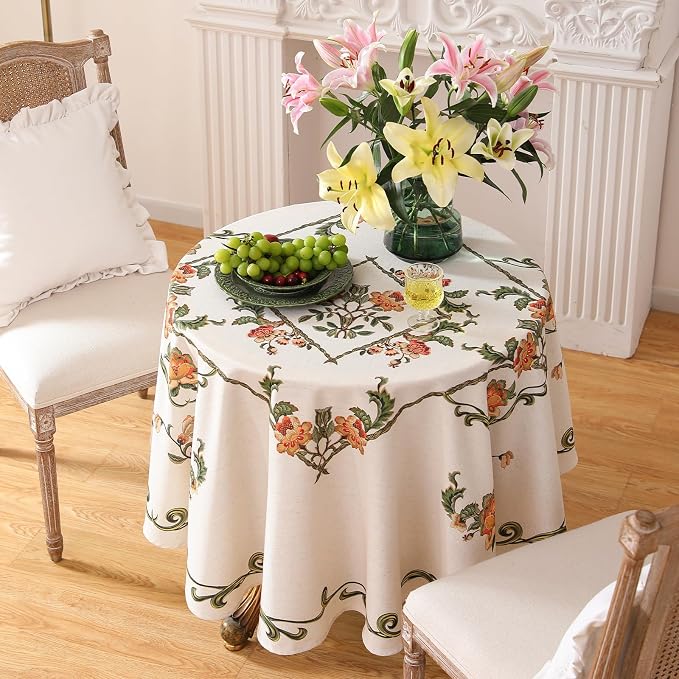 patdrea Designer Linen Round Tablecloth, Vintage French Floral Tablecloths - Image 8