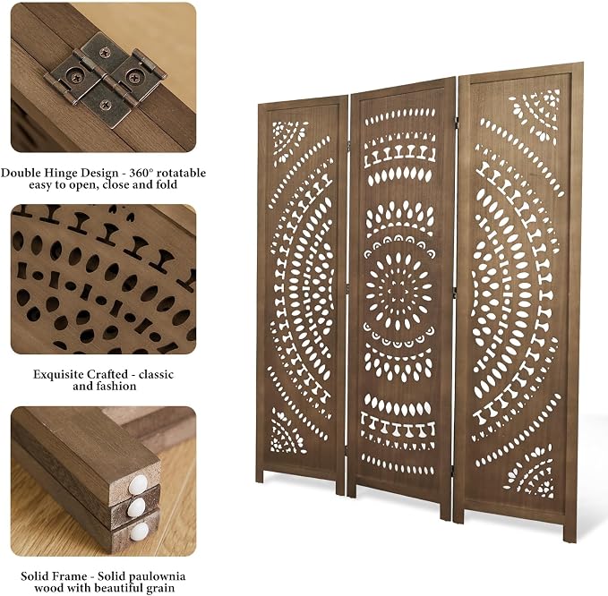 Room Divider Wood Carved Wall Divider Indoor Folding Bohemian Style Portable - Image 4