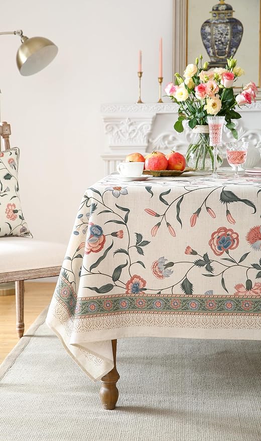 ISAENNE Designer Chinoiserie Linen Floral Long Tablecloth Rectangle, Elegant - Image 9
