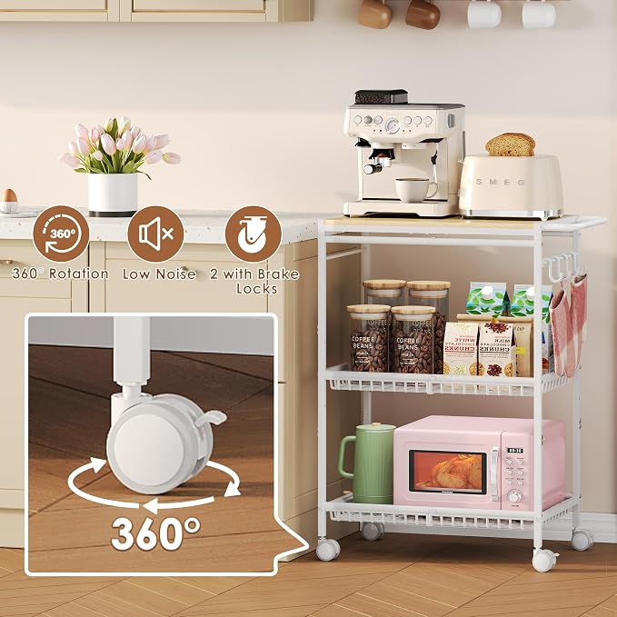 Microwave Kitchen Cart with 2 Lockable Wheels, 3 Tier Rolling Cart with 160Lbs - Image 6