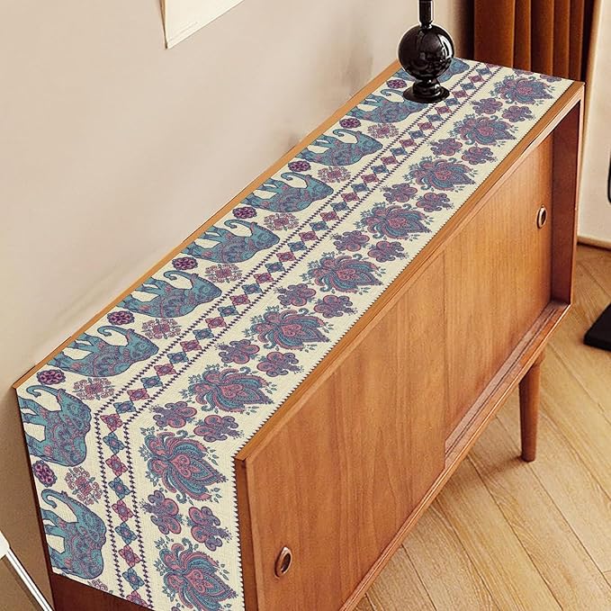 Boho Elephant Table Runner, Rustic African Tribe Animal Damask Diwali India - Image 3