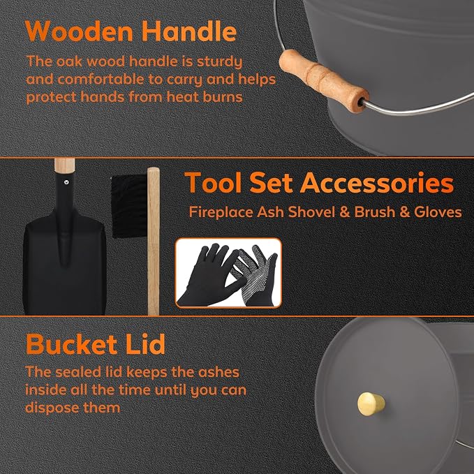 Small Ash Bucket with Lid and Shovel, Metal Fireplace Ash Bucket with Broom - Image 4