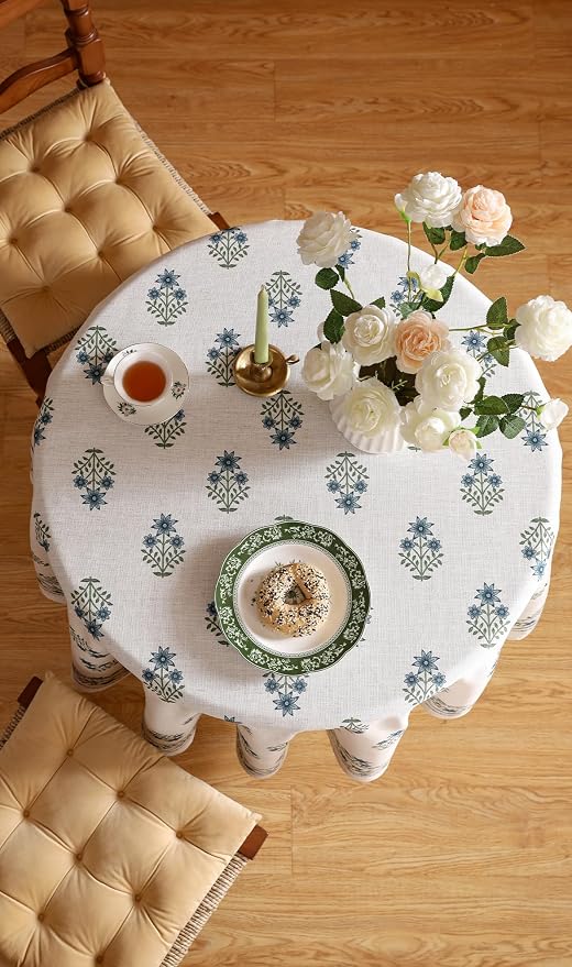 ISAENNE Designer White Linen Round Tablecloth, Chinoiserie Floral Elegant - Image 7