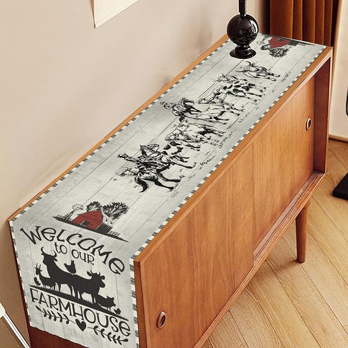 Farmhouse Cow Table Runner, Rustic Rooster Sheep Black White Plaid Animals Farm - Image 3