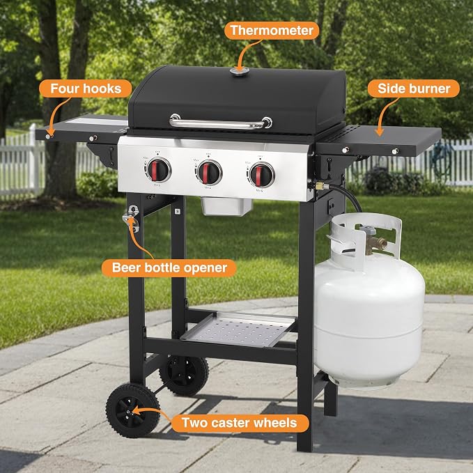 Propane Gas Grill with Folding Side Tables, 3-Burner Gas Grill with Cast Iron - Image 5
