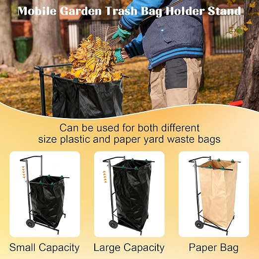 Trash Bag Holder with Wheels, Adjustable Metal Leaf Bag Holder with 4 Clips - Image 6