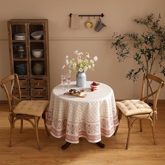 ISAENNE Designer Linen Floral Small Round Tablecloth, Pale Yellow Farmhouse - Image 3