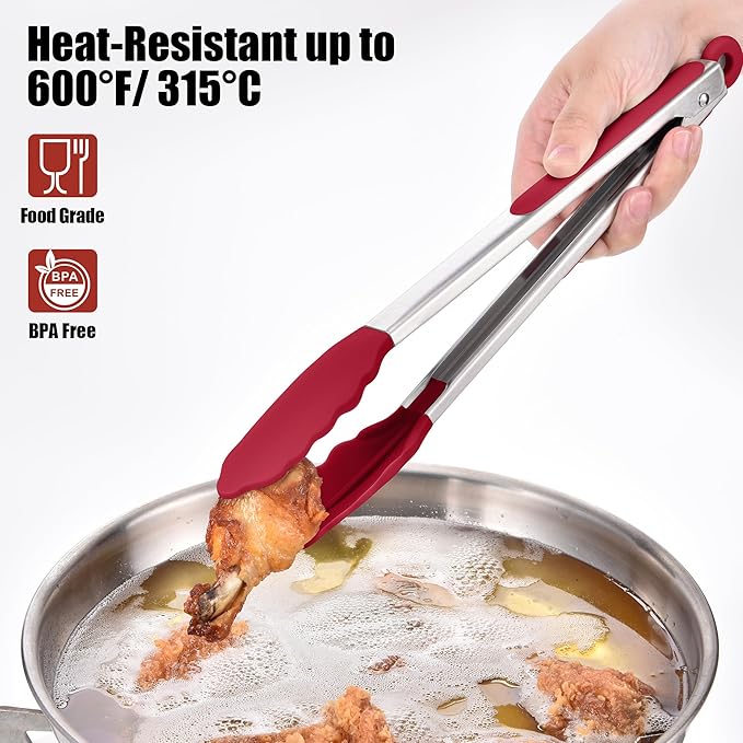 Tongs with Silicone Tips, Stainless Steel, 600°F Heat Resistant, Red