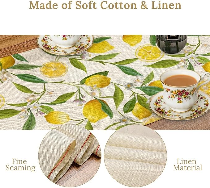 Lemon Table Runner, Summer Fruits Green Leaves Flower Plant Table Runner - Image 4