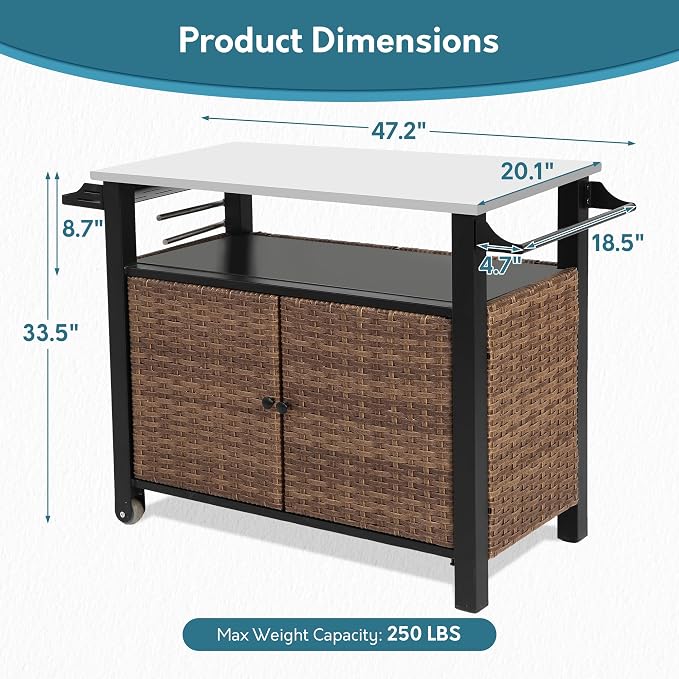 Patio Grill Cart with Wicker Storage, Outdoor Kitchen Island Serving Cart with - Image 4