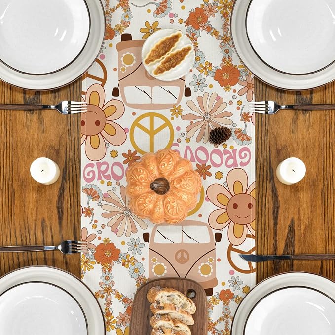 Artoid Mode Daisy Flower Peace and Love Table Runner, Wreath Float Groovy - Image 4