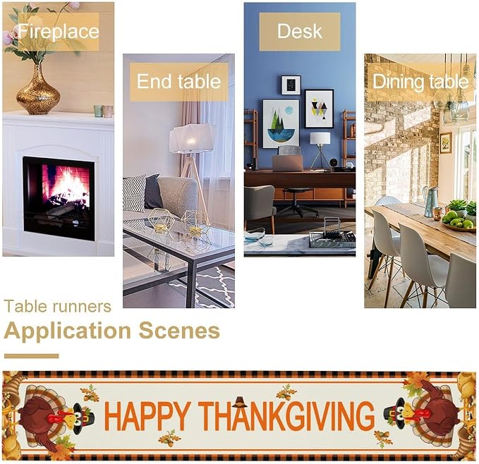 Happy Thanksgiving Table Runner, Autumn Pumpkin Maple Leaves Turkey Print Fall - Image 4