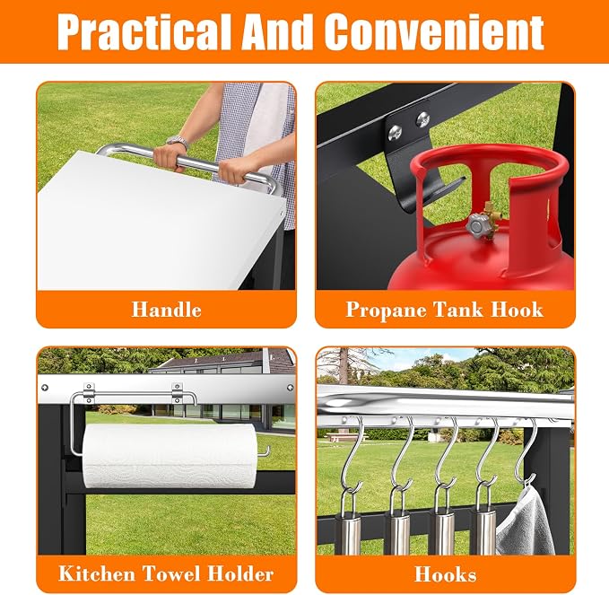 Grill Table, Movable Dining Cart, Pizza Oven Table Stand, Double-Shelf Grill - Image 8
