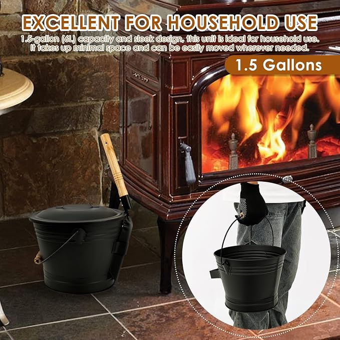 1.5 Gallon Ash Bucket with Lid and Shovel Broom Metal, Fireplace Ash Bucket - Image 6