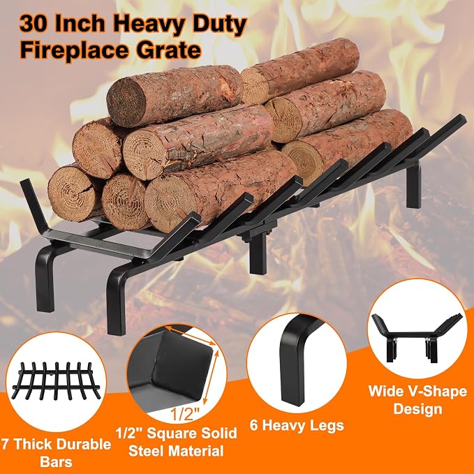 FEED GARDEN Fireplace Grate 30 inch Heavy Duty Fireplace Log Holder, 1/2" Solid - Image 2